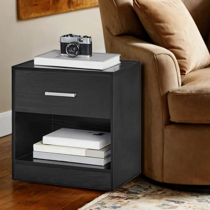 Nightstands - VERRA Set of 2 Side Tables with Drawer and Shelf - Grey