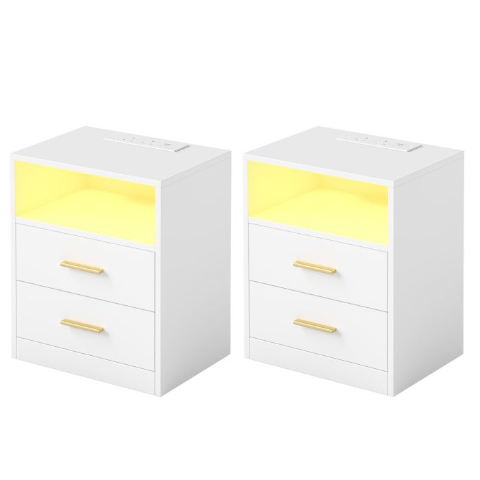 DOGITU Set of 2 LED Side Tables with USB Ports - White