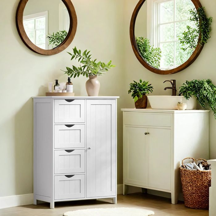 Bathroom Cabinet - VERRA Freestanding Floor Storage Unit with 4 Drawer - White