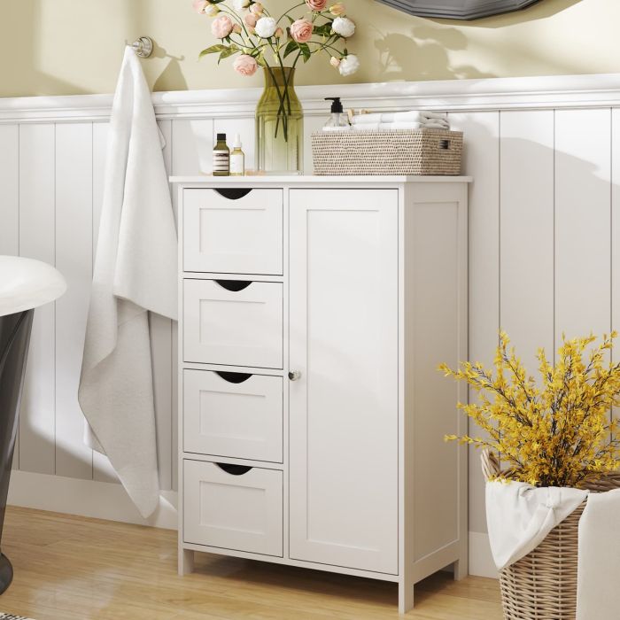 Bathroom Cabinet - VERRA Freestanding Floor Storage Unit with 4 Drawers and 1 Door - White