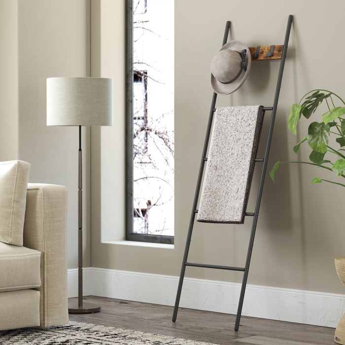 Towel Rack - VERRA 5 Tier Decorative Ladder Shelf with 4 Removable Hooks Metal Frame - Black