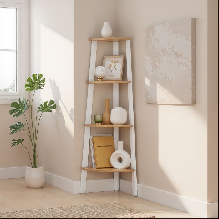 Corner Shelf - VERRA 4 Tier Bookshelf Storage Unit with Steel Frame - White Golden Oak