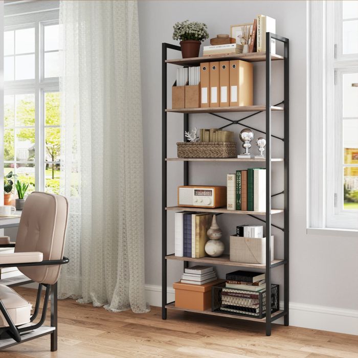 Bookshelf - VERRA 6 Tier Freestanding Bookcase Natural Black