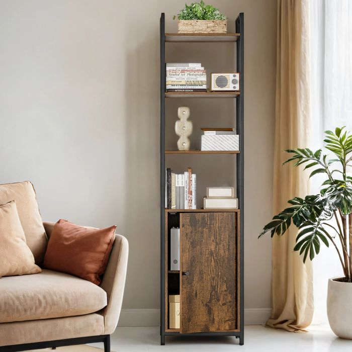 Bookcase - VERRA 6 Tier Tall Shelf with Door Adjustable Shelves - Camel Brown