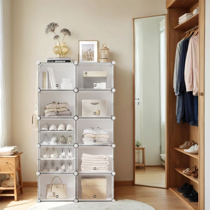VERRA Shoe Rack - 10 Slots Interlocking Modular Storage Tall Large Sized Rack - White