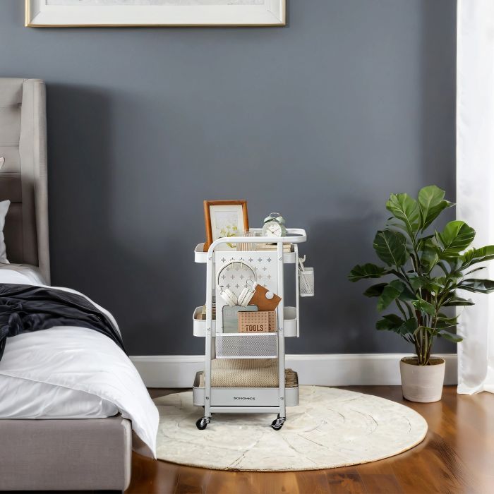 Utility Cart - VERRA 3 Tier Rolling Storage Cart with 2 Removable Pegboard - White