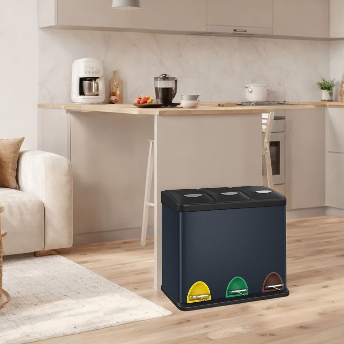 Kitchen Bin - VERRA 3 x 8L Metal Pedal Trash Bin with Lids and Bucket - Greenish Grey