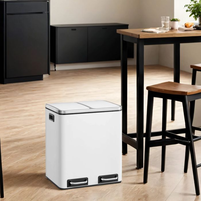 Kitchen Bin - VERRA Double 2 x 15L Pedal Rubbish Bin with Inner Bucket - White