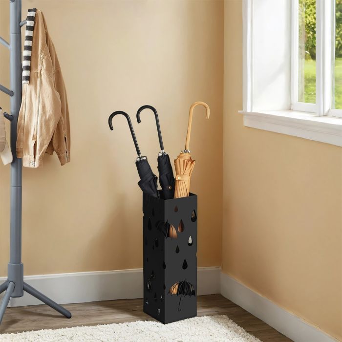 Umbrella Holder - VERRA Metal Stand with Hooks and Drip Tray - Black