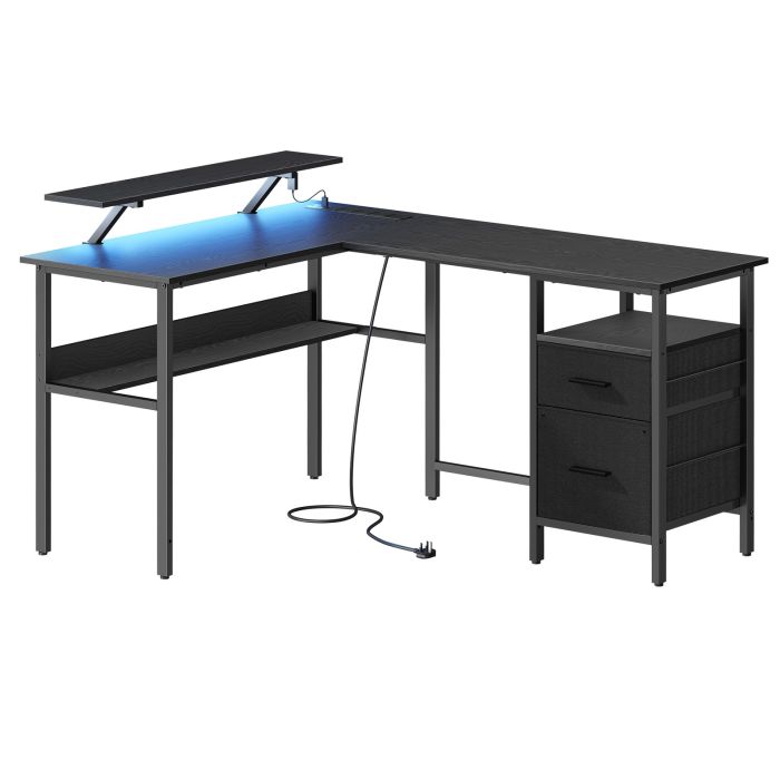 MOORCREST Corner L Shaped Office Desk with Power Outlet - Black