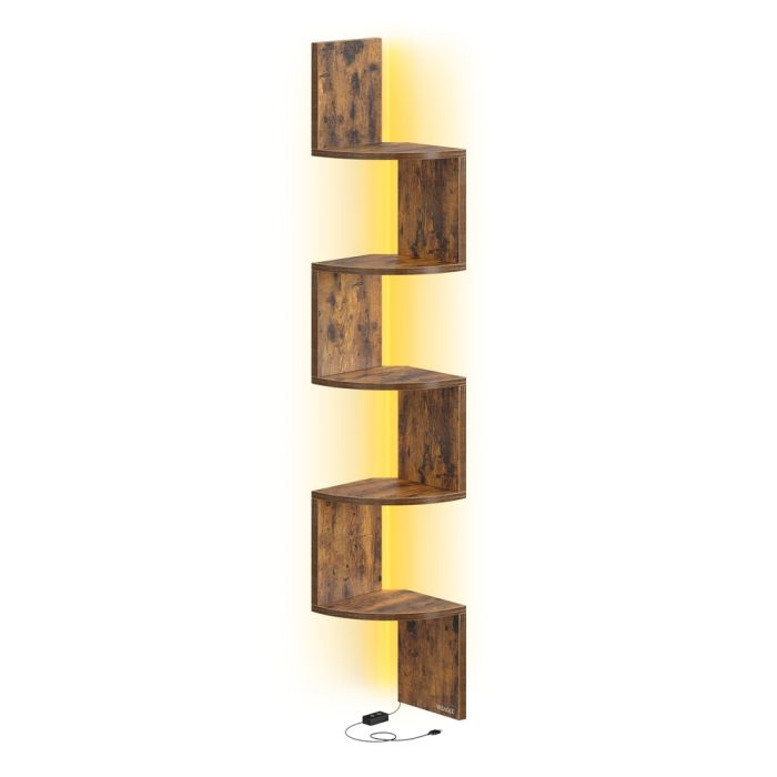 CLTEPY Wall Mounted Corner Shelf with RGB LED Lights - Rustic Brown