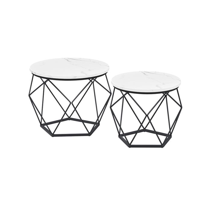 Coffee Tables - MONNZA Set of 2 Round Tables with Metal Legs - Black White