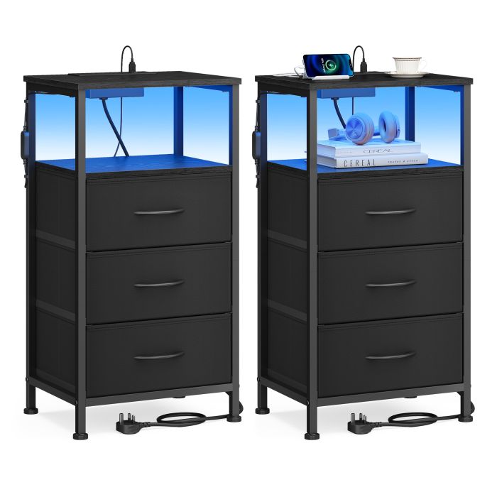 NEWELM Set of 2 Bedside Tables with 3 Drawers and Charging Station - Ink Black