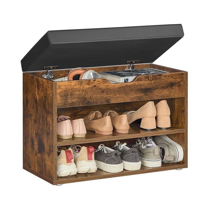 NOVRIA Shoe Bench - 3 Compartment Cushion Seat Storage Lid Small Sized Bench - Rustic Brown
