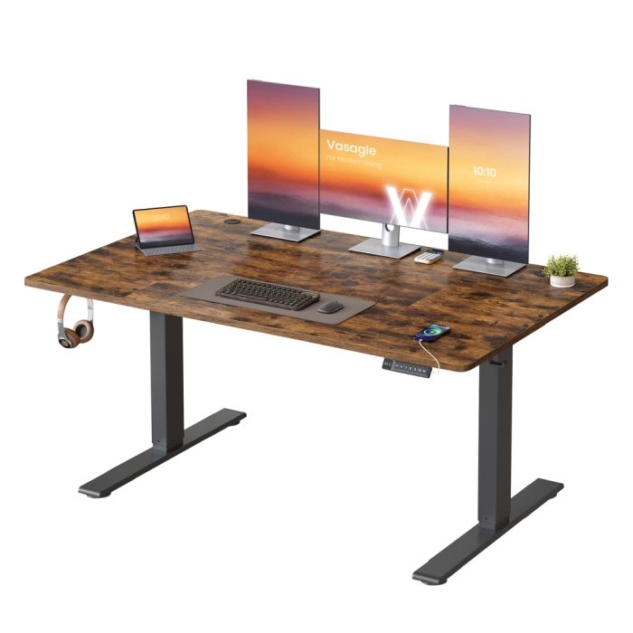 HADOSY Electric Standing Desk with USB-C Port - Rustic Brown - 140 x 80cm
