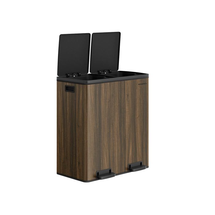 Rubbish Bin - SOLNA Dual 2 x 30L Recycling Bin with 15 Bag - Dark Walnut