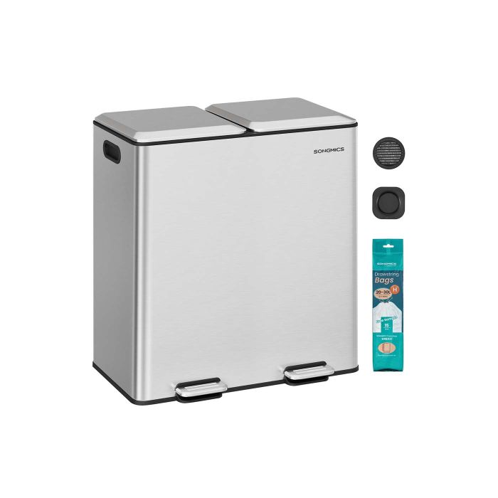 WHITELOW Kithcen Rubbish Bin with Soft Close Lids and Removable Inner Buckets - Silver