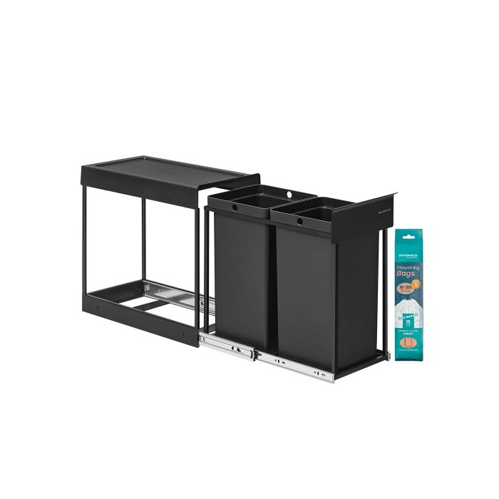 WHITELOW Pull Out Kitchen Rubbish Bin with Double Compartments 25.4cm - Black