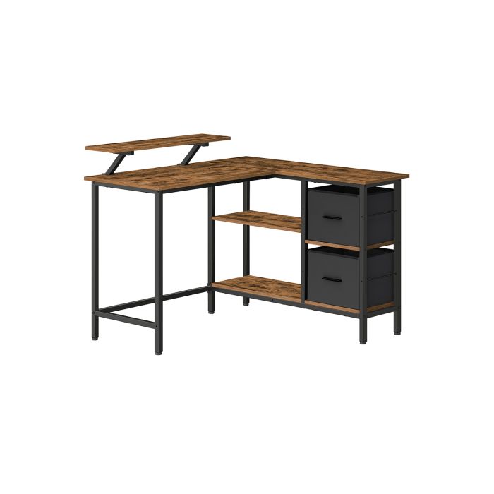 Corner Computer Desk - FINLIA L-Shaped 2 Drawer Desk 115 cm Wide - Rustic Brown