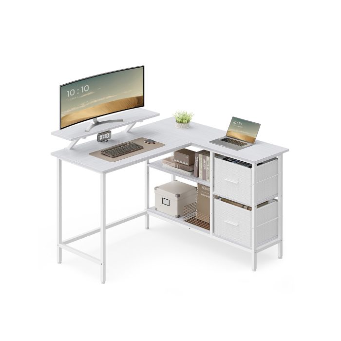Corner Computer Desk - FINLIA L-Shaped with 2 Spacious Drawers - Maple White
