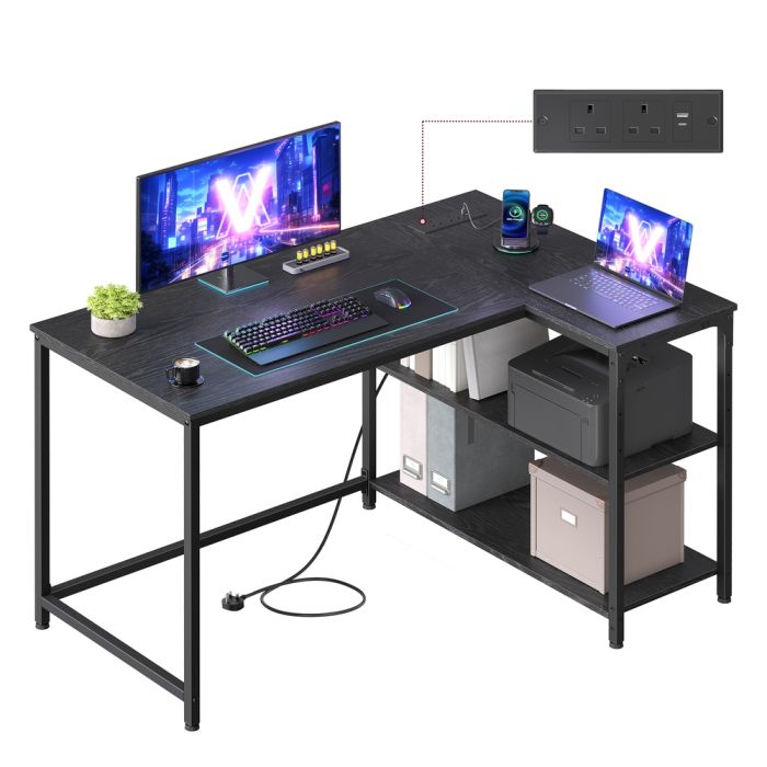 KESAMO L-Shaped Corner Computer Desk with Power Outlets - Ebony Black - 110 x 80cm