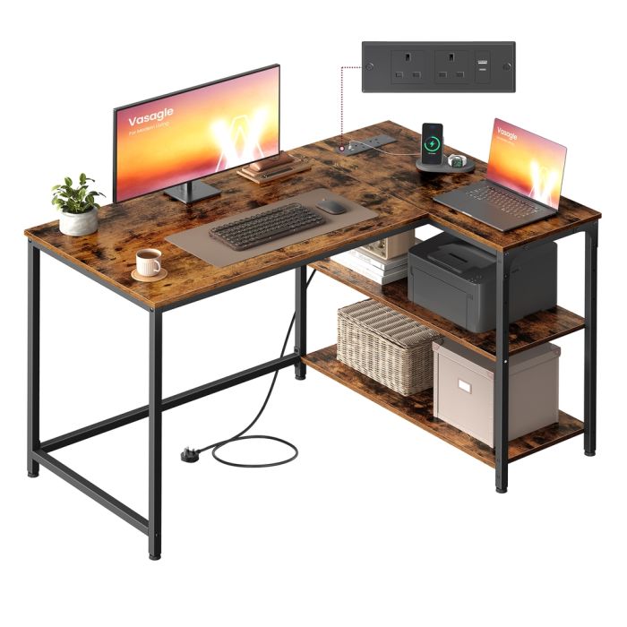 KESAMO L-Shaped Corner Computer Desk with Power Outlets - Rustic Brown - 110 x 80cm