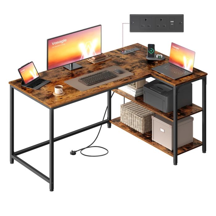 KESAMO L-Shaped Corner Computer Desk with Power Outlets - Rustic Brown - 120 x 80cm