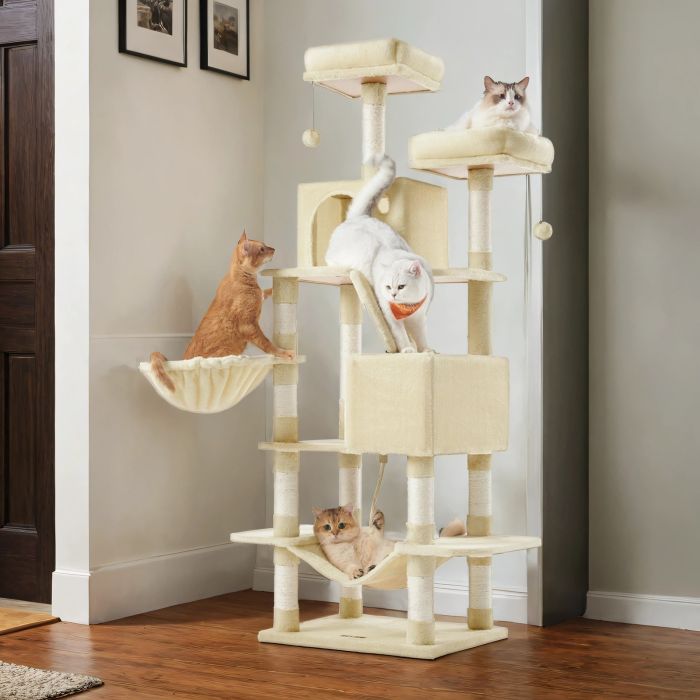 Cat Tree - MARRAE Large Tower Scratching Posts Perches Hammock - Beige
