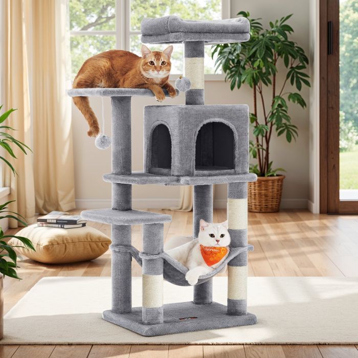 Cat Tree - MARRAE Multi Level Condo with 4 Scratching Posts and Hammock - Grey