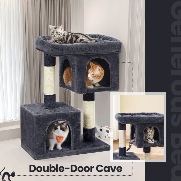 Cat Tree - MARRAE Tower Dual Cave Perch - Dove Grey
