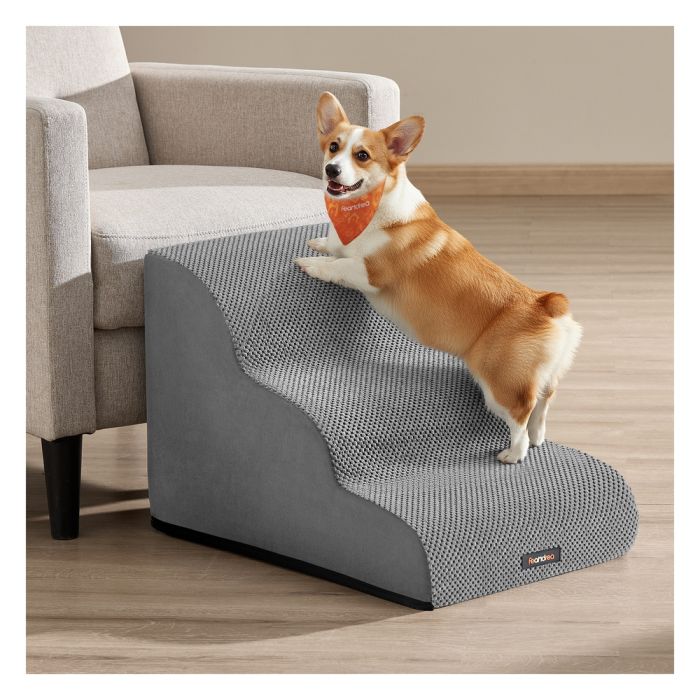 RONOPI 3-Step Waffle Corduroy Dog Stairs for Bed - Dove Grey