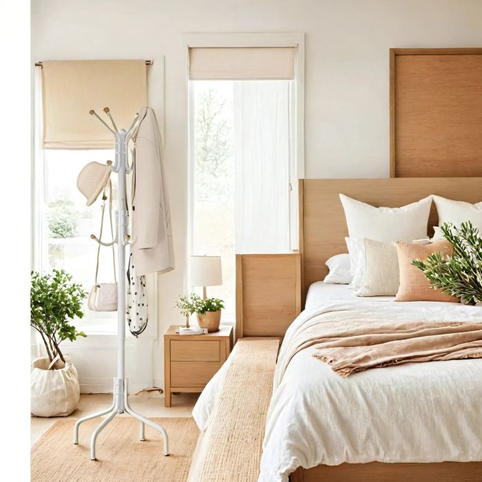 Coat Stand - ZARNIA Metal Rack with 12 Hooks and 4 Legs - White