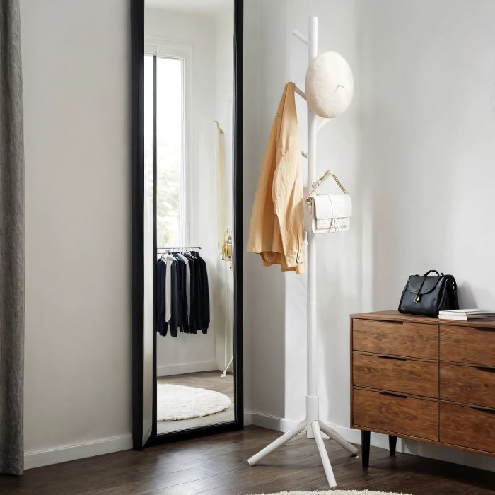 Coat Rack - ZARNIA Standing Solid Wood Tree-Shaped with 8 Hooks 3 Height Option - White