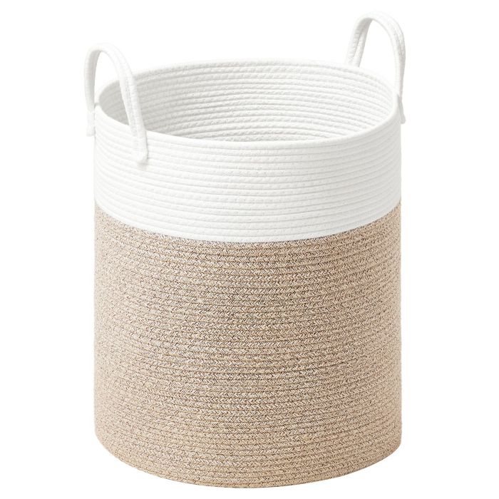 SAMYMO Cotton Rope Laundry Basket with Handles - White and Brown