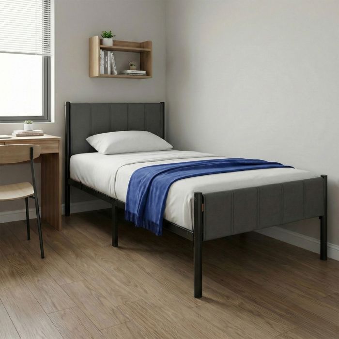 SASAVO Single Metal Platform Bed with Upholstered Headboard - Dark Grey