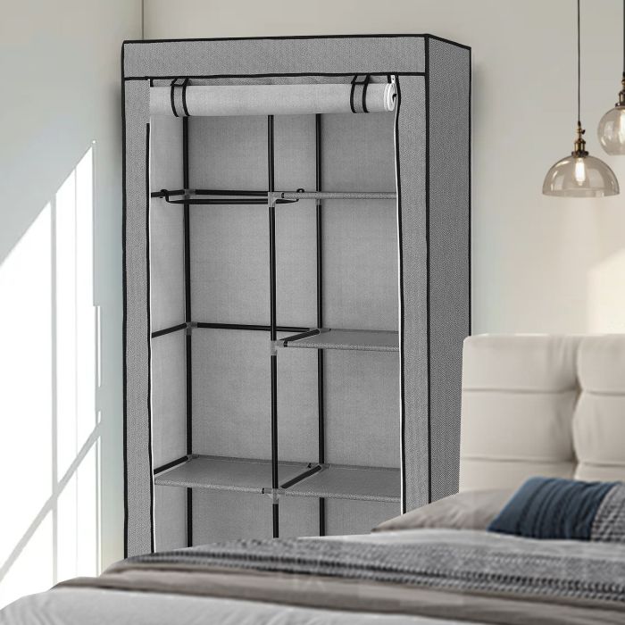 Closet Organizer - ZARNIA Portable Non Woven Cover with Rods and Shelves - Light Grey