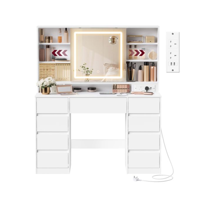NOVIBU Dressing Table with LED Mirror 9 Drawers - Cloud White