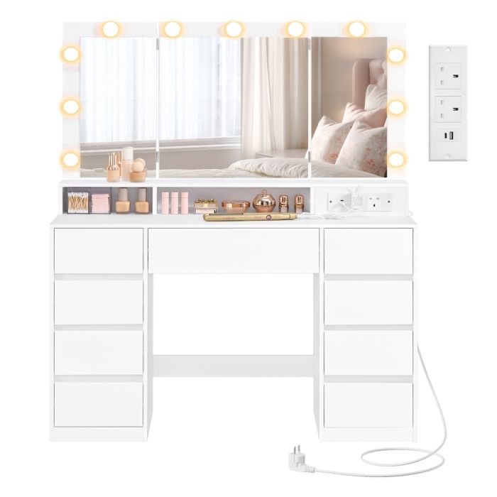 NOVIBU Dressing Table with Tri-Fold Mirror - Cloud White