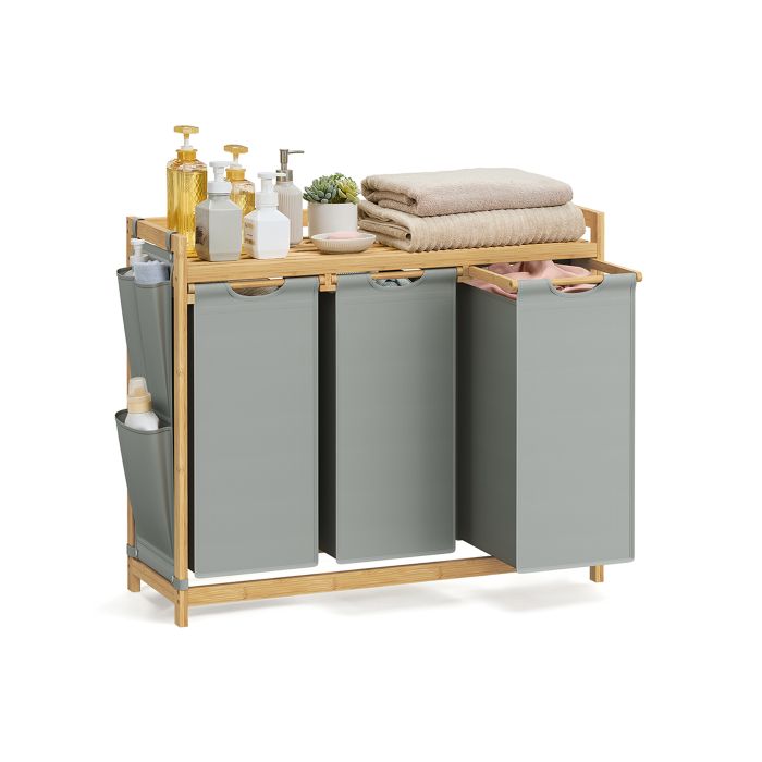 Laundry Basket - AVONA 3 Compartments 150L with Shelf and Pocket - Dove Grey