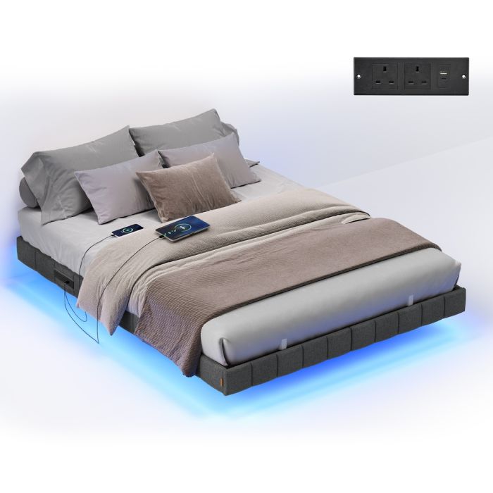 STKAFA Double Floating Bed Frame with LED Lights - Slate Grey