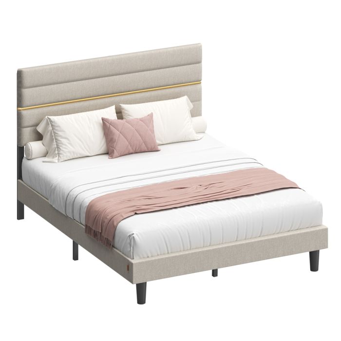 STRAME Double Bed Frame with Upholstered Headboard - Cappuccino Beige