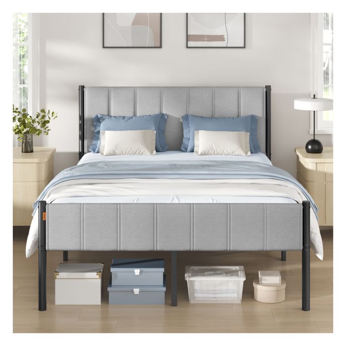 SASAVO Double Metal Bed Frame with Upholstered Headboard - Dove Grey
