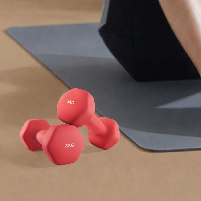 Dumbbells - LUSNOS Set of 2 Neoprene Hex Dumbbells - 2 x 3 kg with Bar - Red