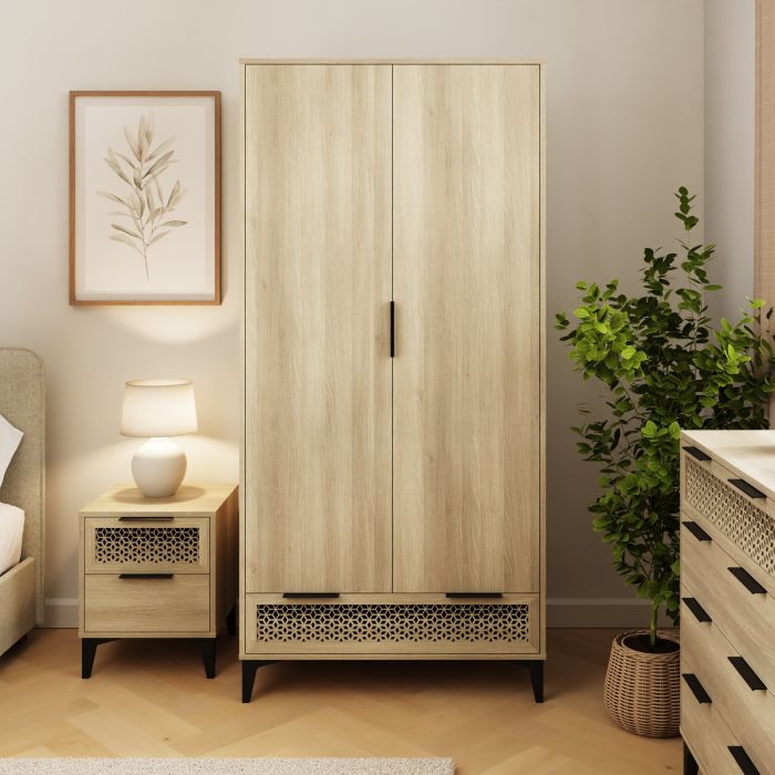 Wardrobe - EZLON 2 Door 1 Drawer Wardrobe Oak - 83cm