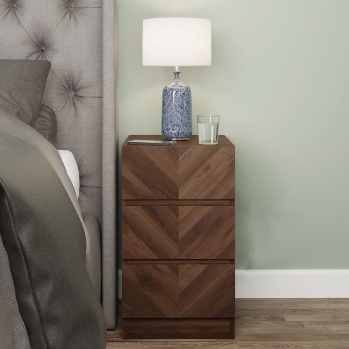 Bedside Table - CHARLESTON 3 Drawer Nightstand Royal Walnut 35cm