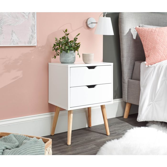 Bedside Table - NYBORG 2 Drawer Nightstand White 40cm