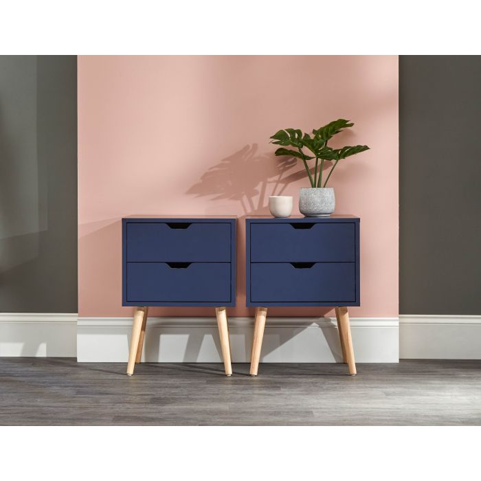 Bedside Table - NYBORG 2 Piece 2 Drawer Nightstand Blue 40cm