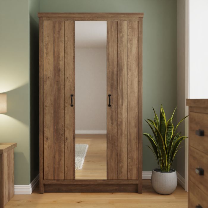 Wardrobe - BELONA 3 Door Mirrored Wardrobe Oak - 105cm