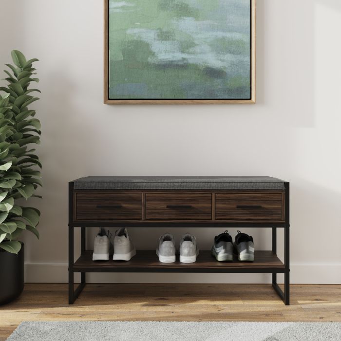 QUILO Dark Oak Shoe Bench - Medium-sized, 4 Pair Storage, 3 Drawers, Cushioned Seat, Metal Frame