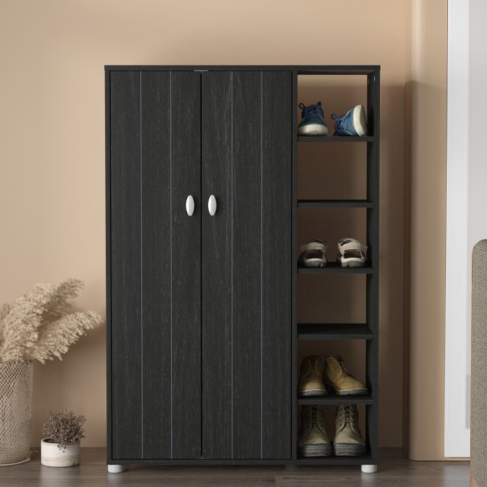 Shoes Cabinet - Siddley Shoe Cabinet with Two Doors and 6 Open Shelves Rustic Black and Oak